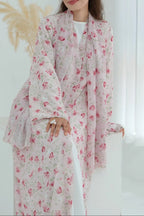 Floral Print Open Abaya & Matching Hijab Two-Piece Set-Pink