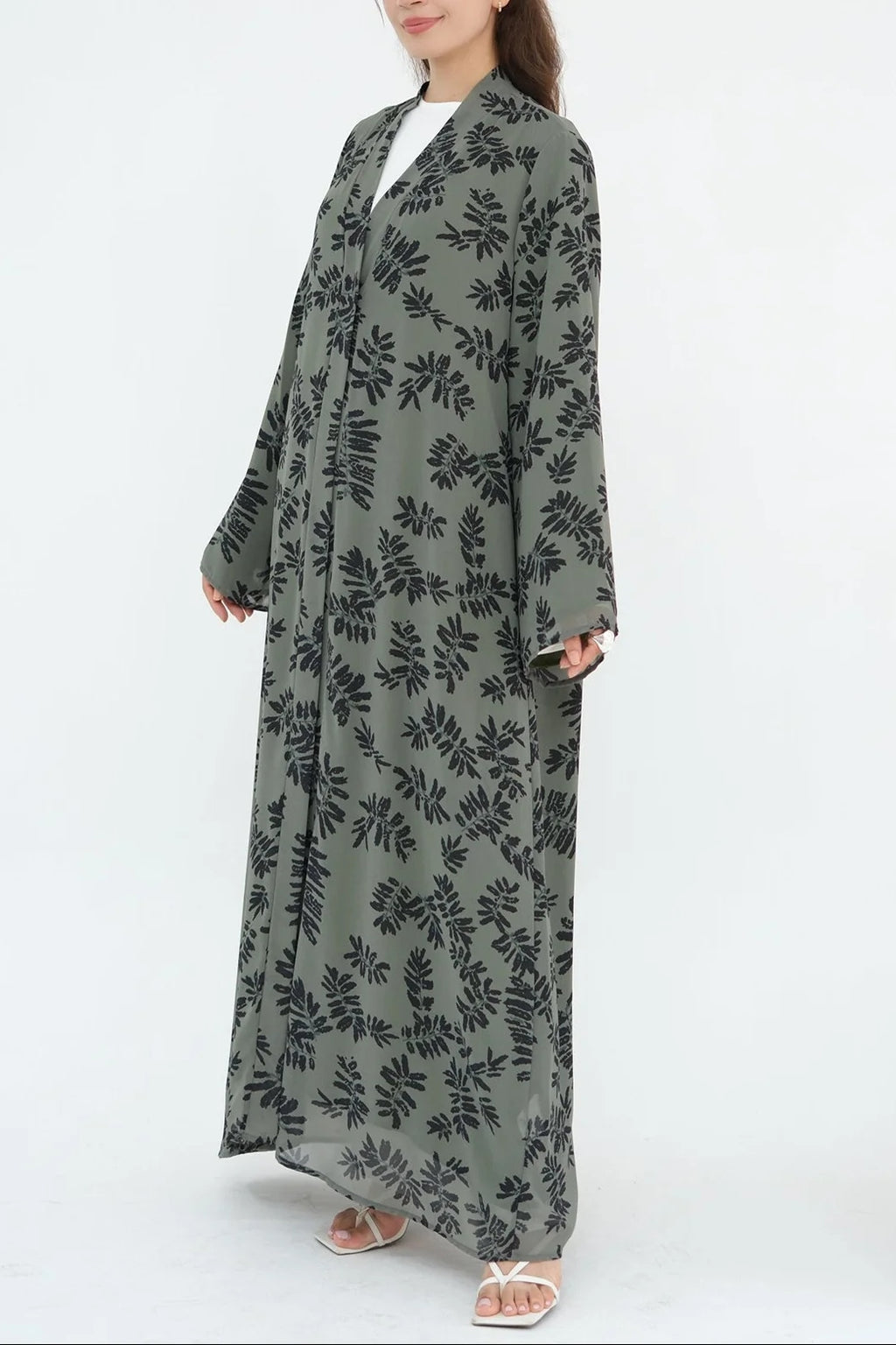 Floral Print Open Abaya & Matching Hijab Two-Piece Set-Green