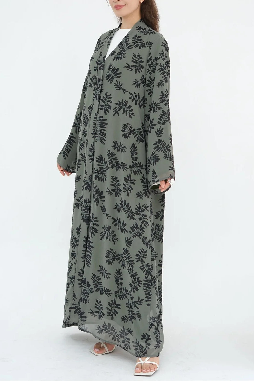 Floral Print Open Abaya & Matching Hijab Two-Piece Set-Green