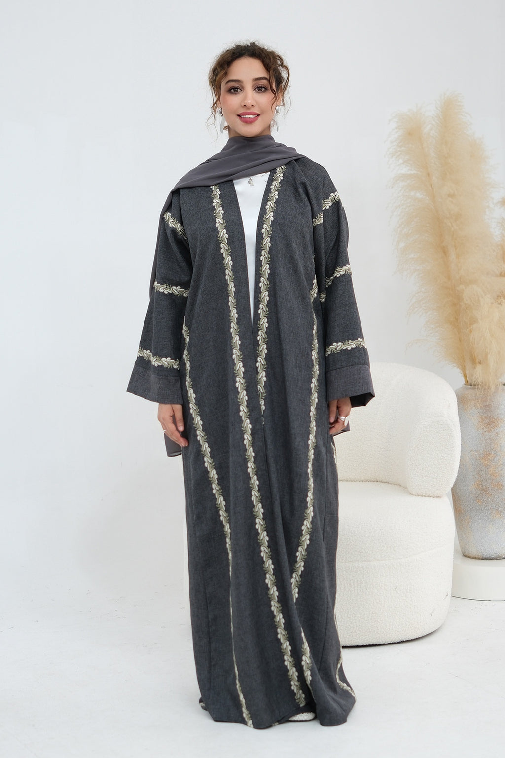 Maren Embroidered Open Front Abaya Kaftan-Black