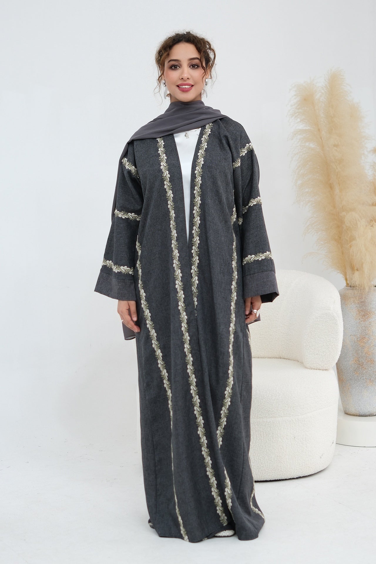 Maren Embroidered Open Front Abaya Kaftan-Black