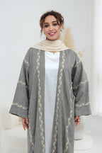 Maren Embroidered Open Front Abaya Kaftan-Grey