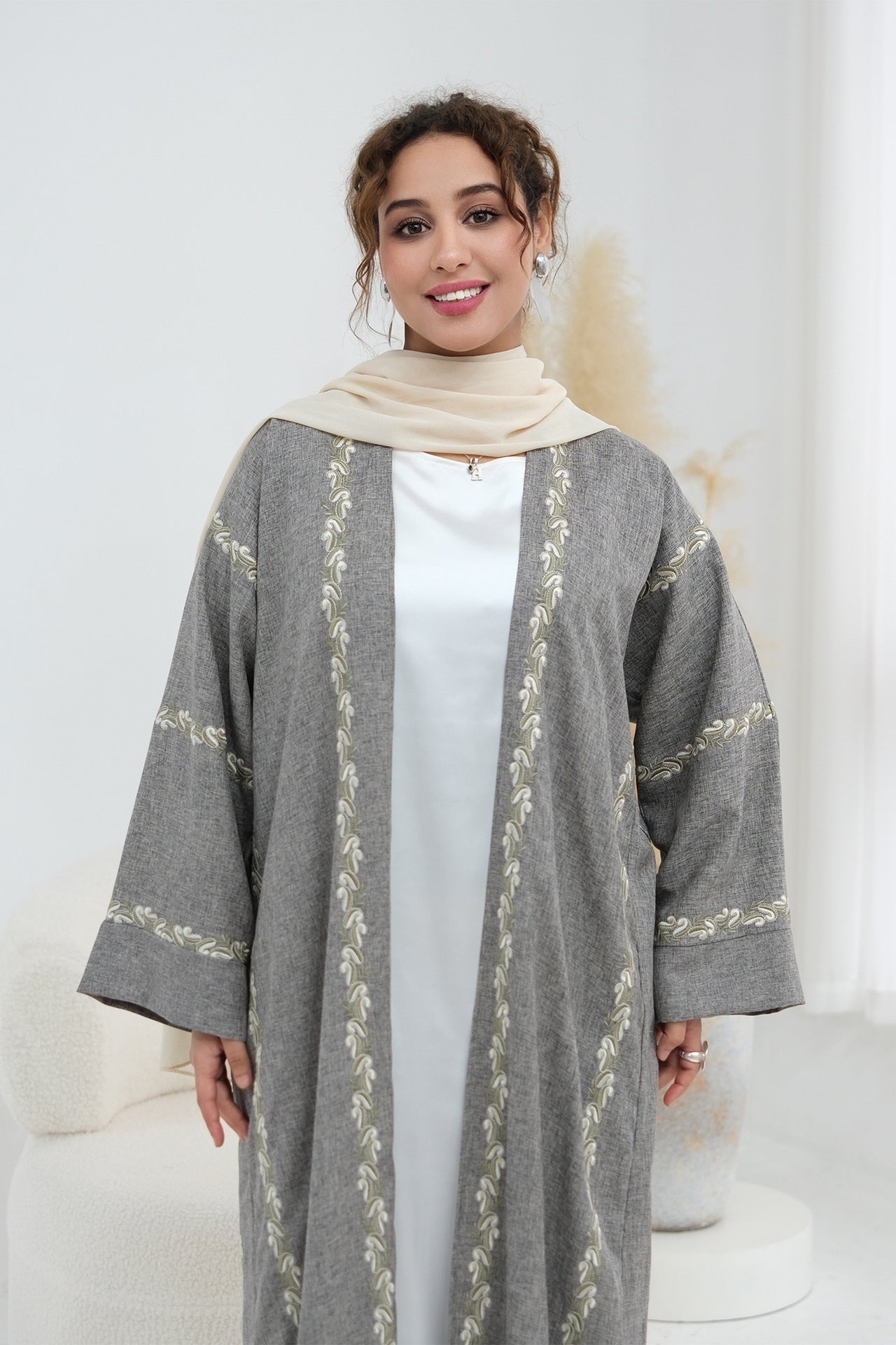 Maren Embroidered Open Front Abaya Kaftan-Grey