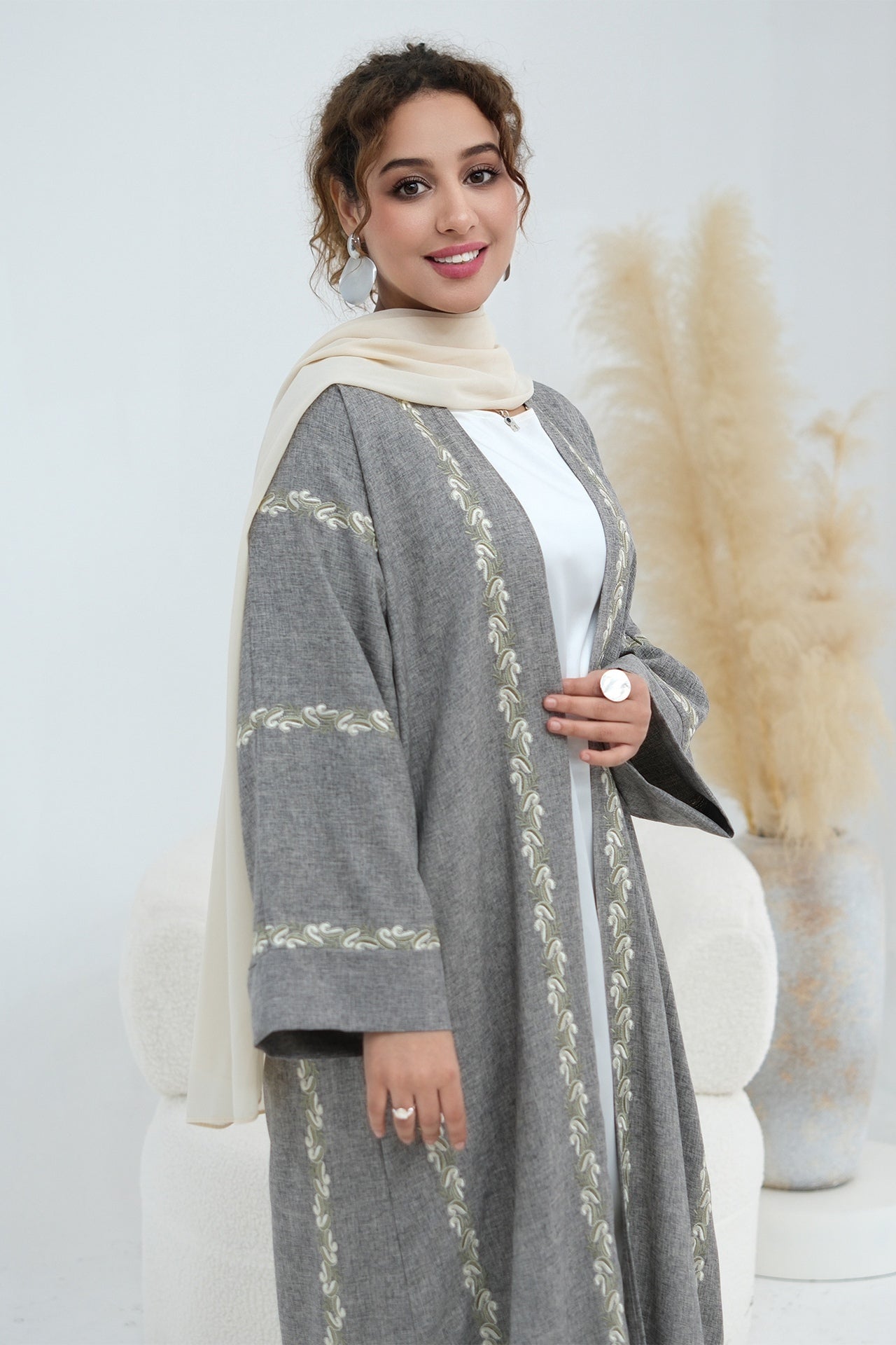 Maren Embroidered Open Front Abaya Kaftan-Grey
