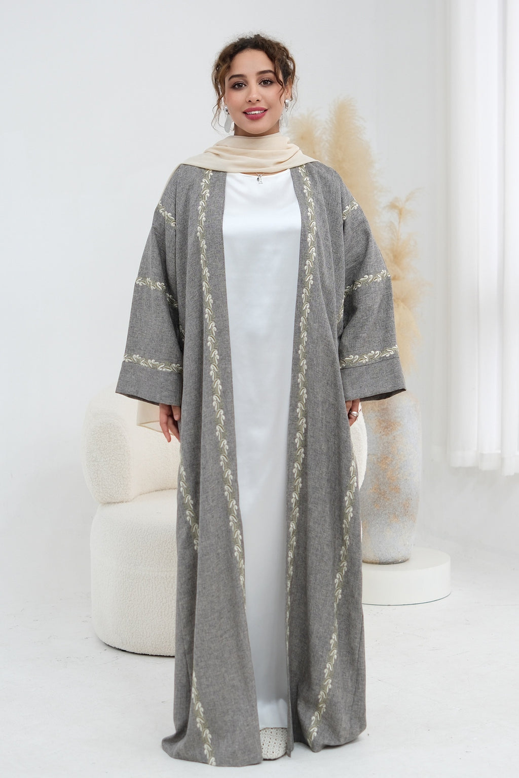 Maren Embroidered Open Front Abaya Kaftan-Grey