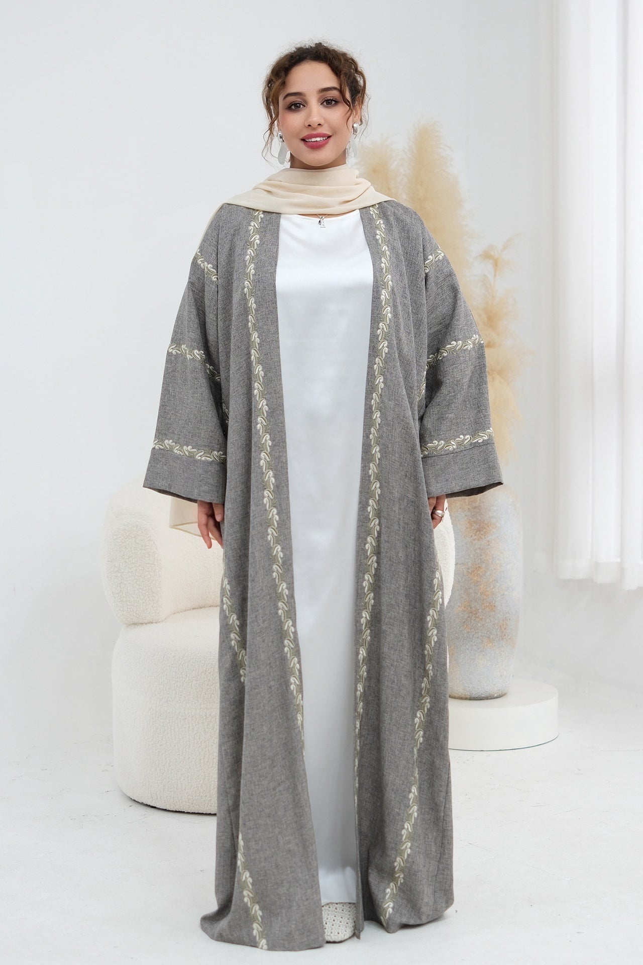 Maren Embroidered Open Front Abaya Kaftan-Grey