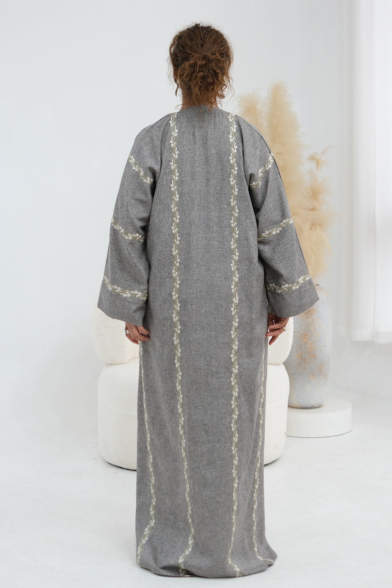 Maren Embroidered Open Front Abaya Kaftan-Grey