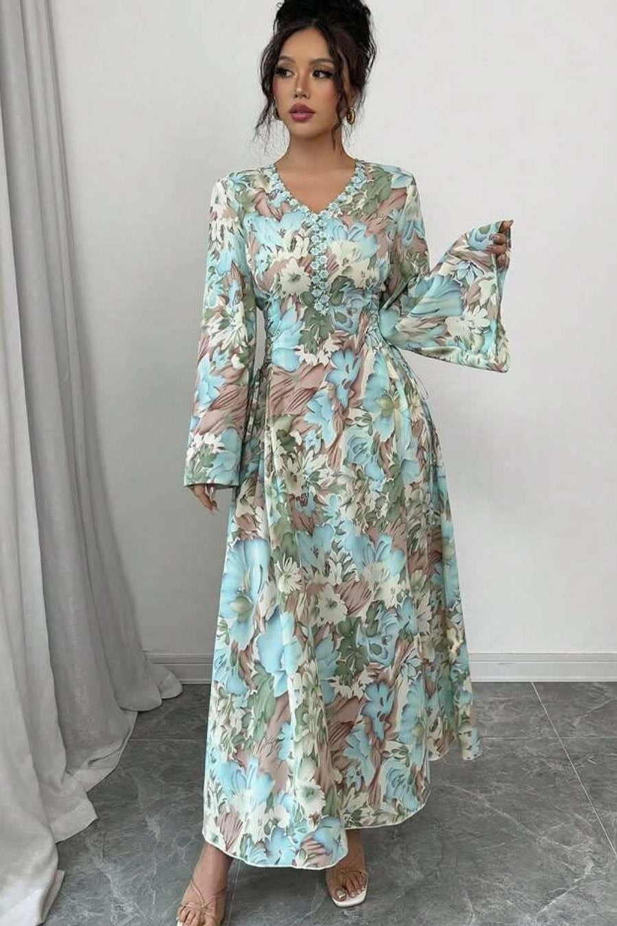 Cassia Floral Flare Sleeve Maxi Dress-Green