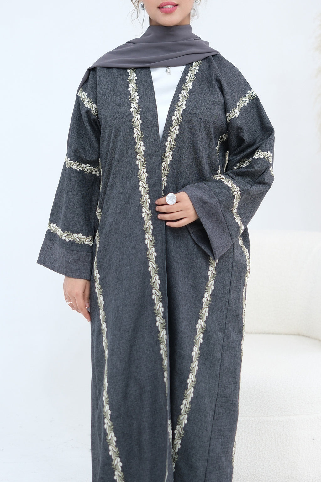 Maren Embroidered Open Front Abaya Kaftan-Black