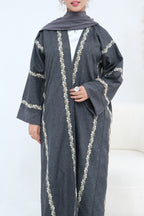 Maren Embroidered Open Front Abaya Kaftan-Black