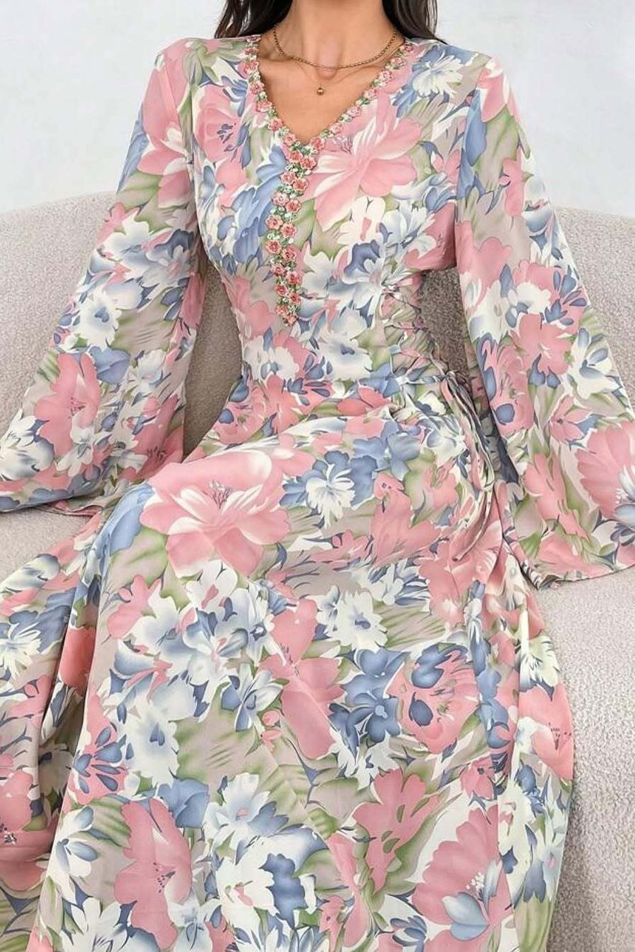 Cassia Floral Flare Sleeve Maxi Dress-Pink