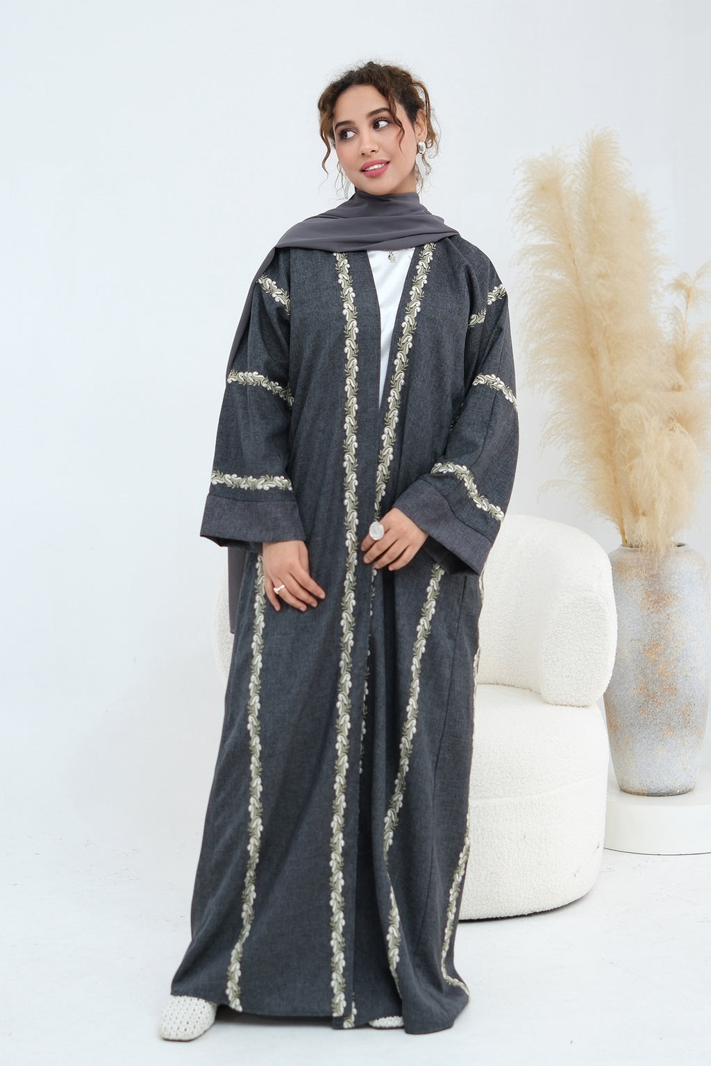 Maren Embroidered Open Front Abaya Kaftan-Black