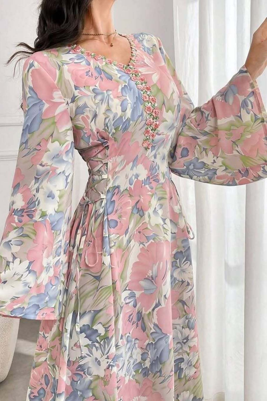 Cassia Floral Flare Sleeve Maxi Dress-Pink