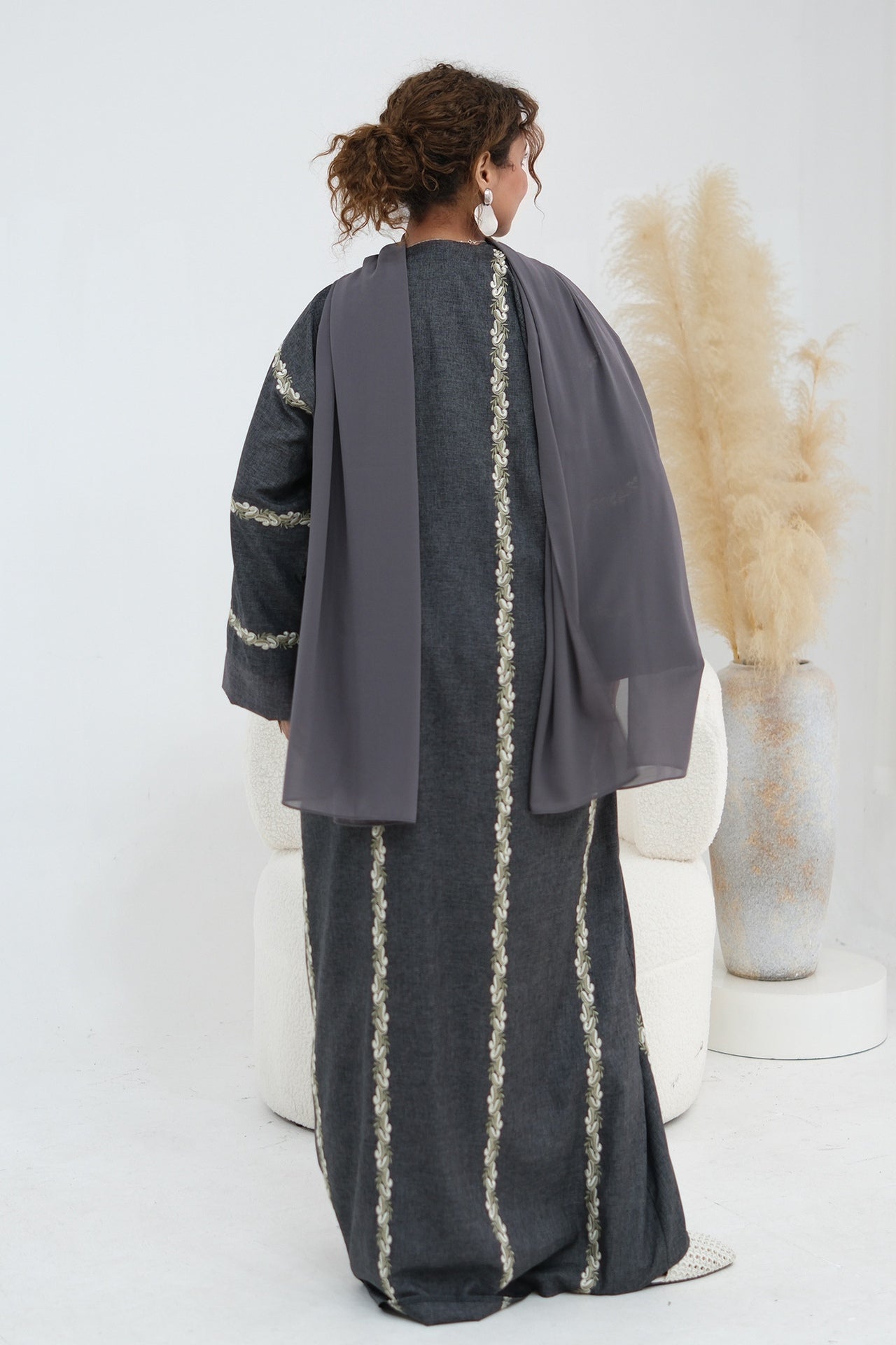 Maren Embroidered Open Front Abaya Kaftan-Black