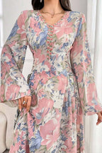 Cassia Floral Flare Sleeve Maxi Dress-Pink