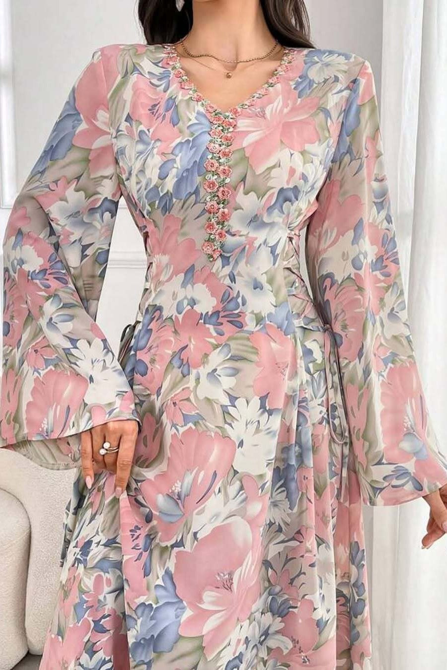 Cassia Floral Flare Sleeve Maxi Dress-Pink