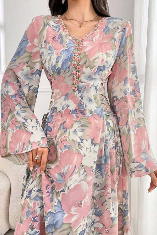 Cassia Floral Flare Sleeve Maxi Dress-Pink