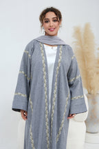 Maren Embroidered Open Front Abaya Kaftan-LightGrey