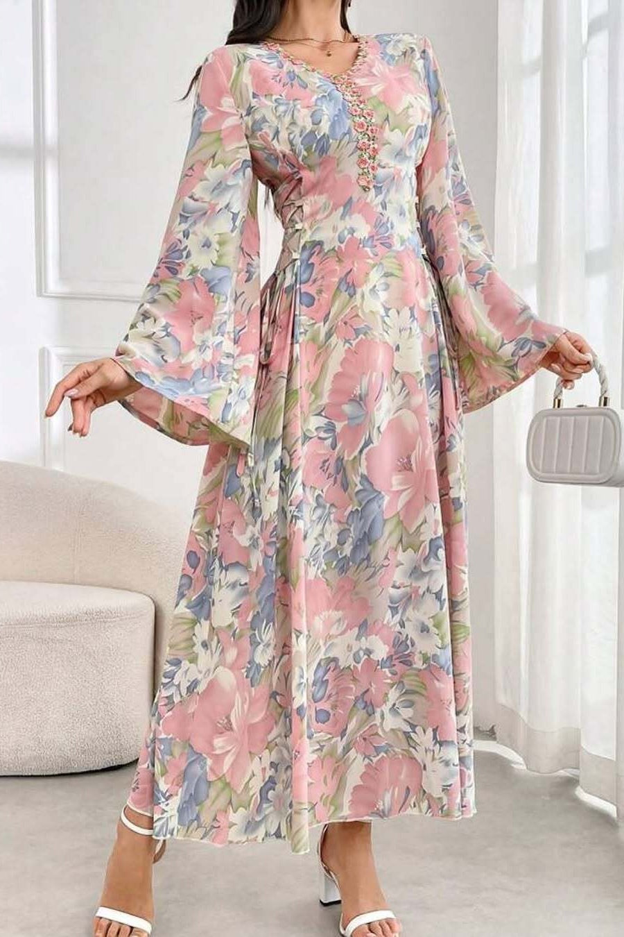 Cassia Floral Flare Sleeve Maxi Dress-Pink