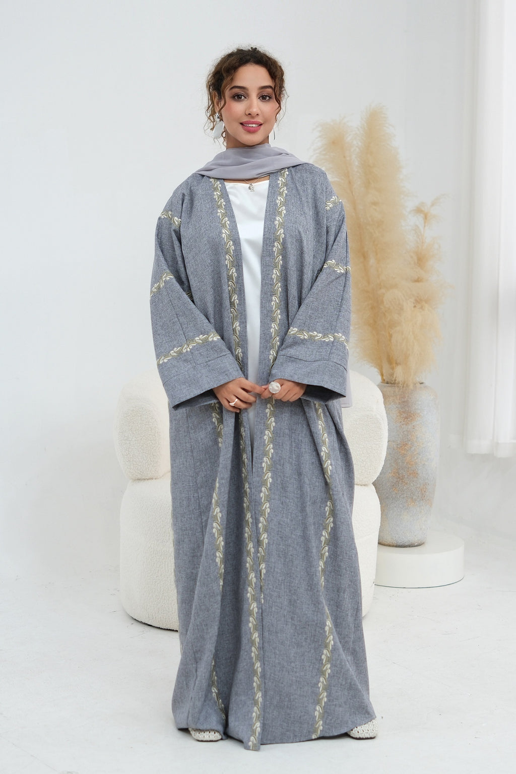 Maren Embroidered Open Front Abaya Kaftan-LightGrey