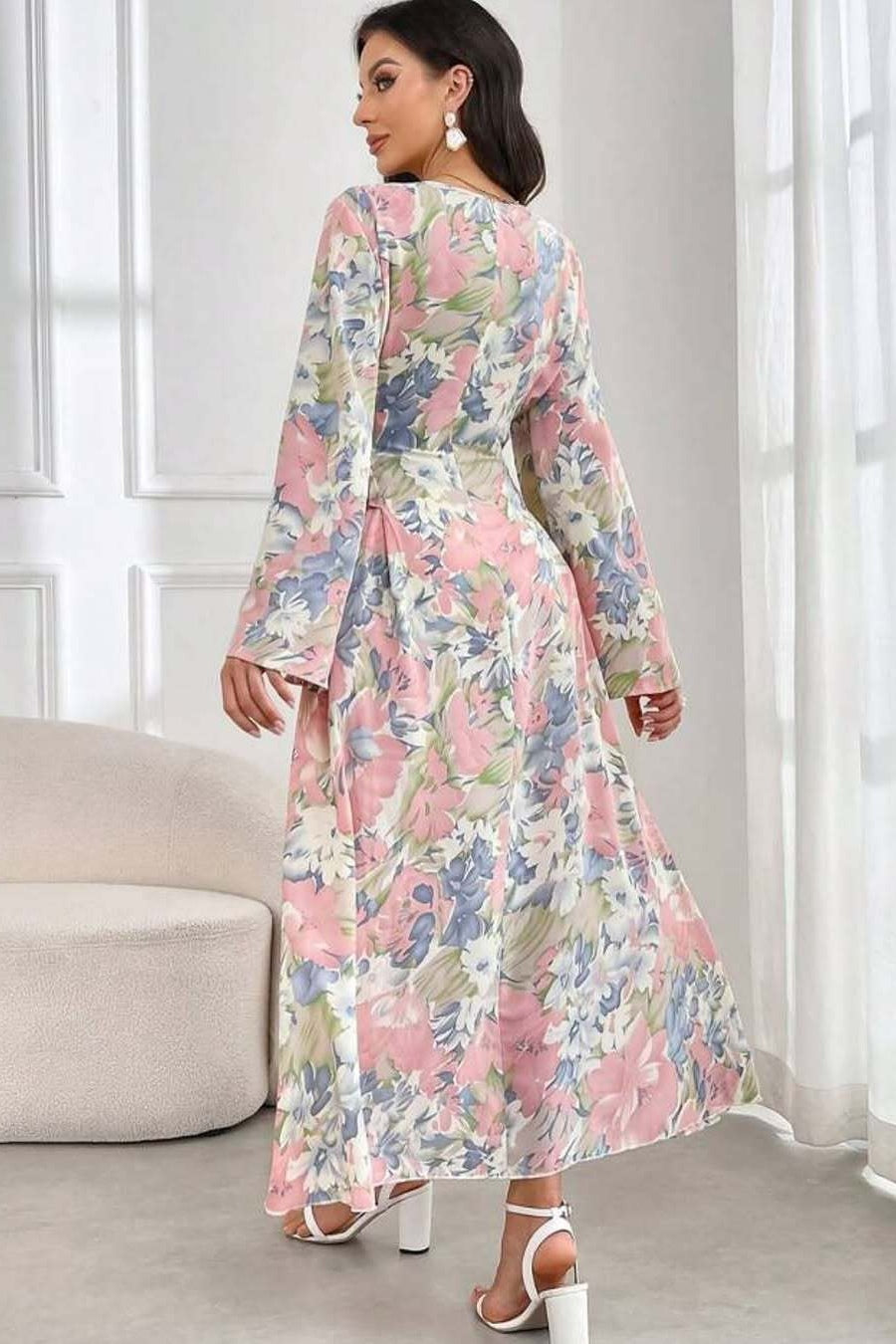 Cassia Floral Flare Sleeve Maxi Dress-Pink