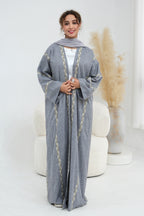 Maren Embroidered Open Front Abaya Kaftan-LightGrey