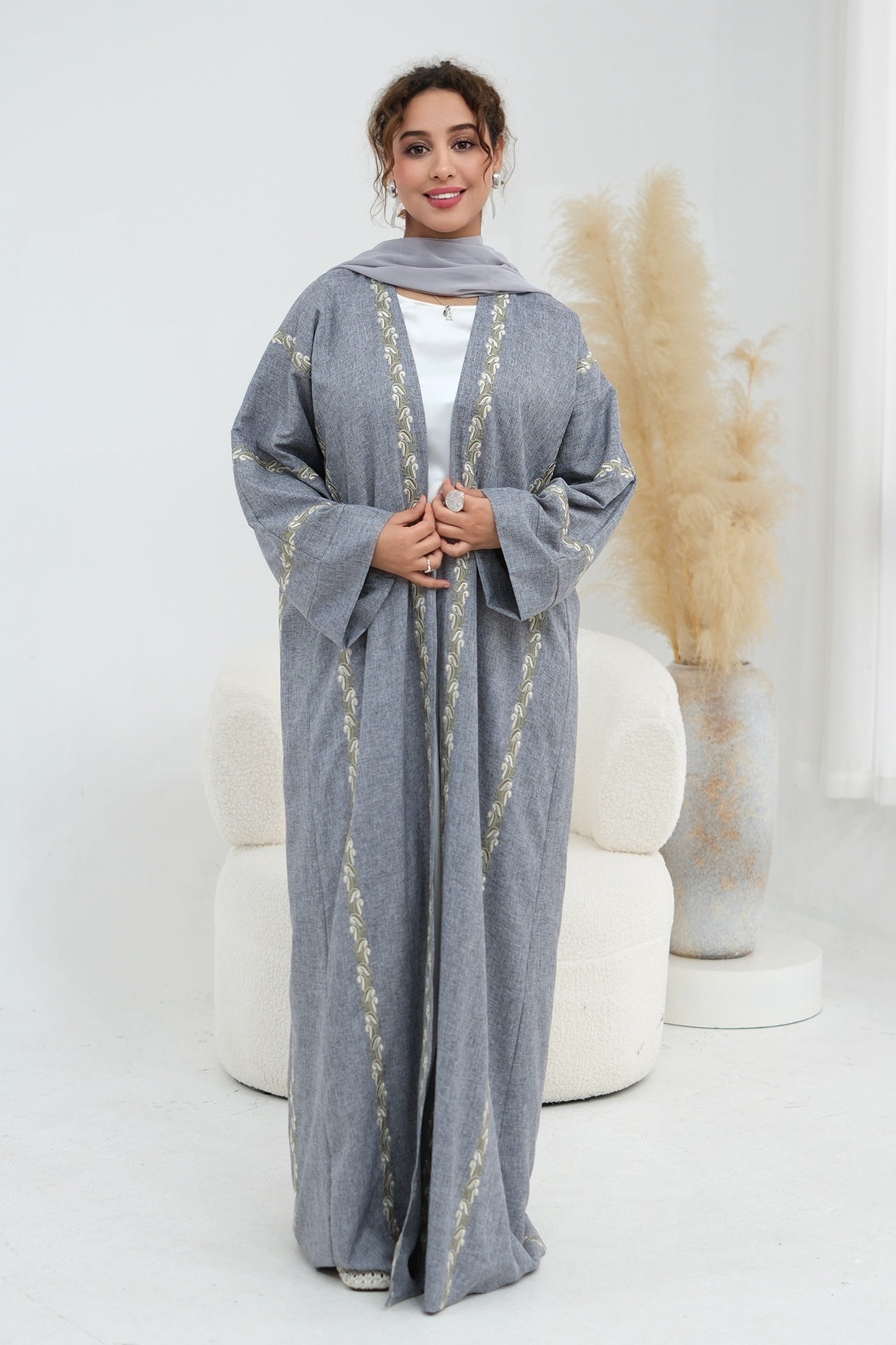 Maren Embroidered Open Front Abaya Kaftan-LightGrey