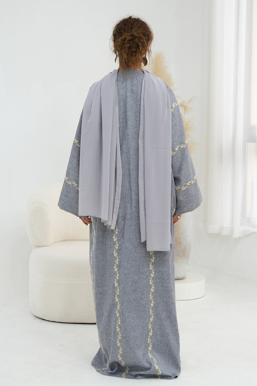 Maren Embroidered Open Front Abaya Kaftan-LightGrey