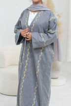 Maren Embroidered Open Front Abaya Kaftan-LightGrey