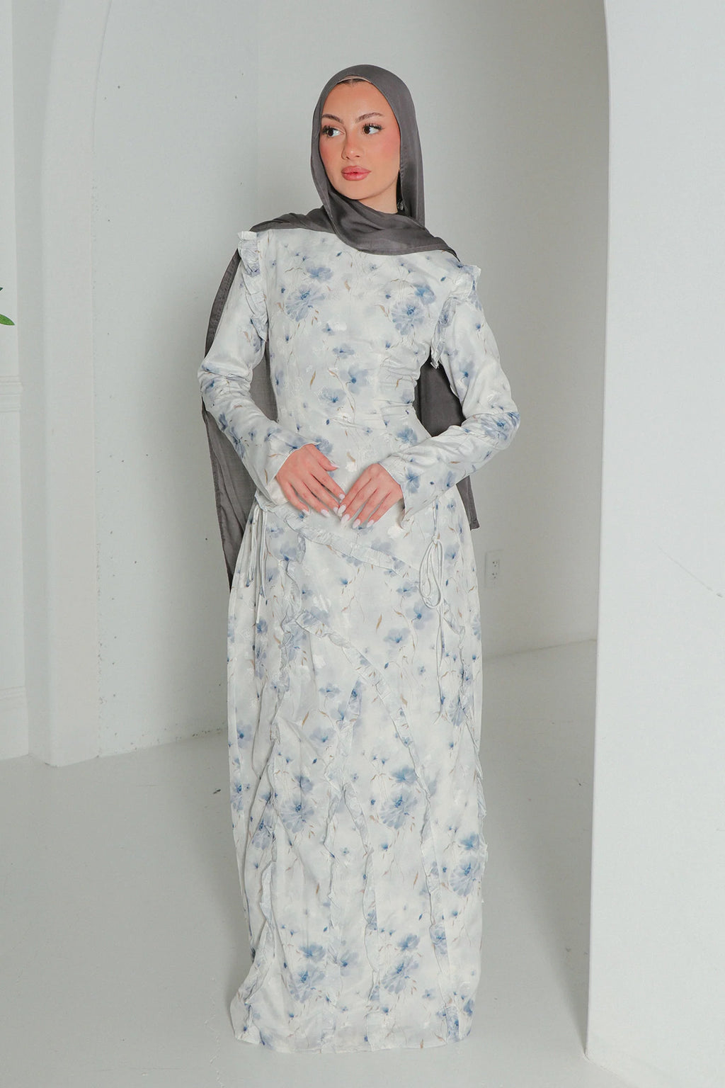 Salma Asymmetric Ruffle-Trim Floral Maxi-Blue