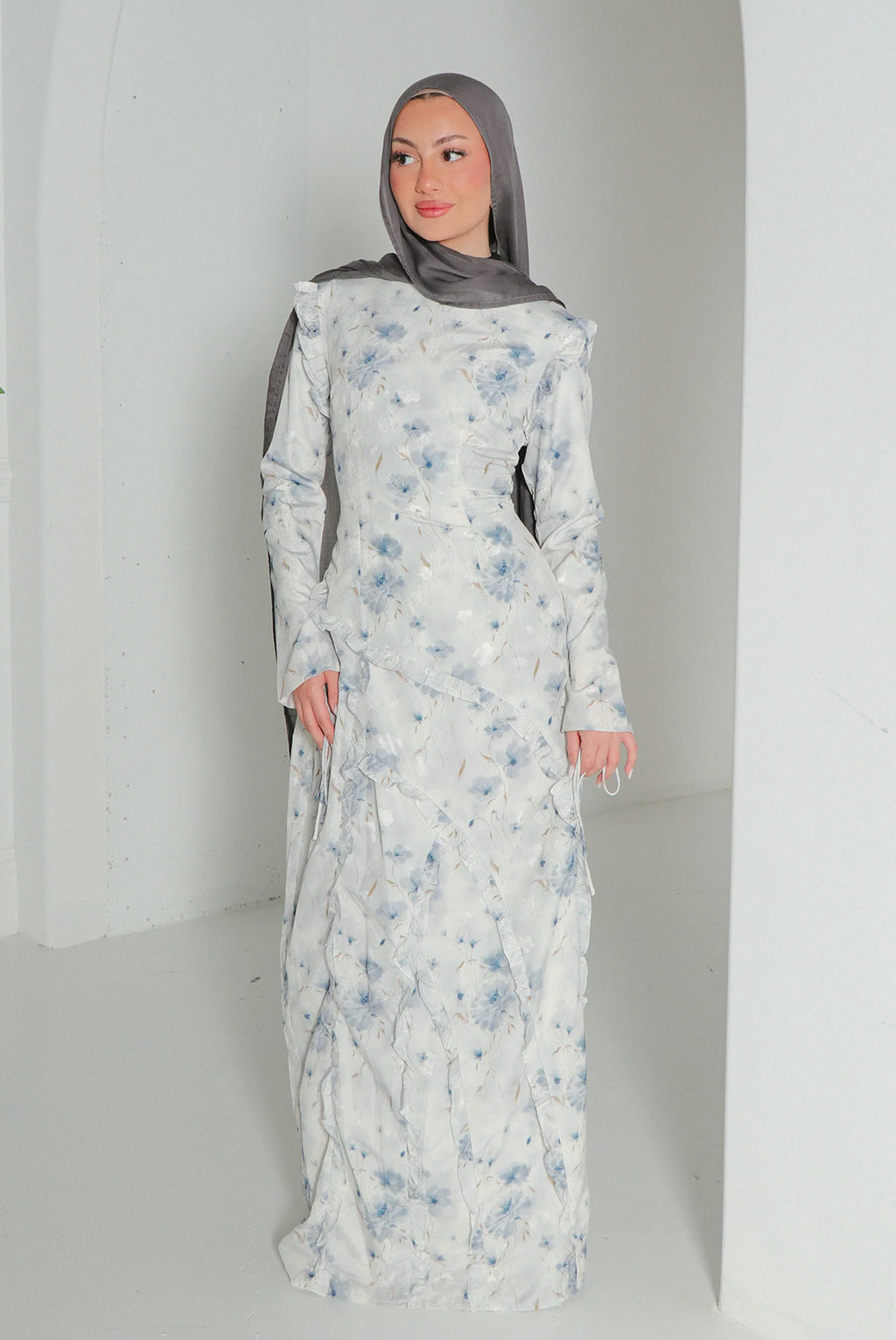 Salma Asymmetric Ruffle-Trim Floral Maxi-Blue