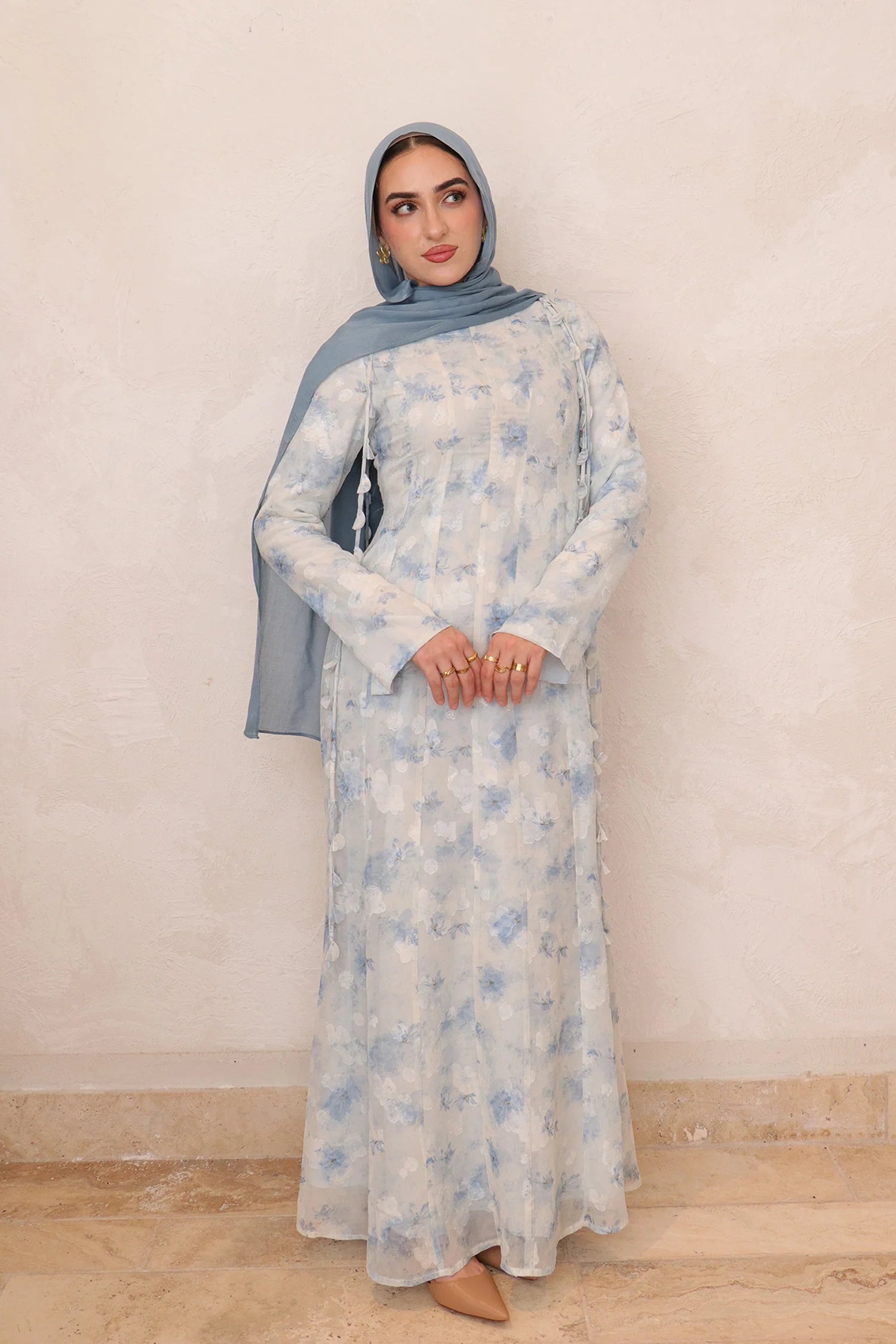 Zahra Checkered-Texture Botanical Maxi-Blue