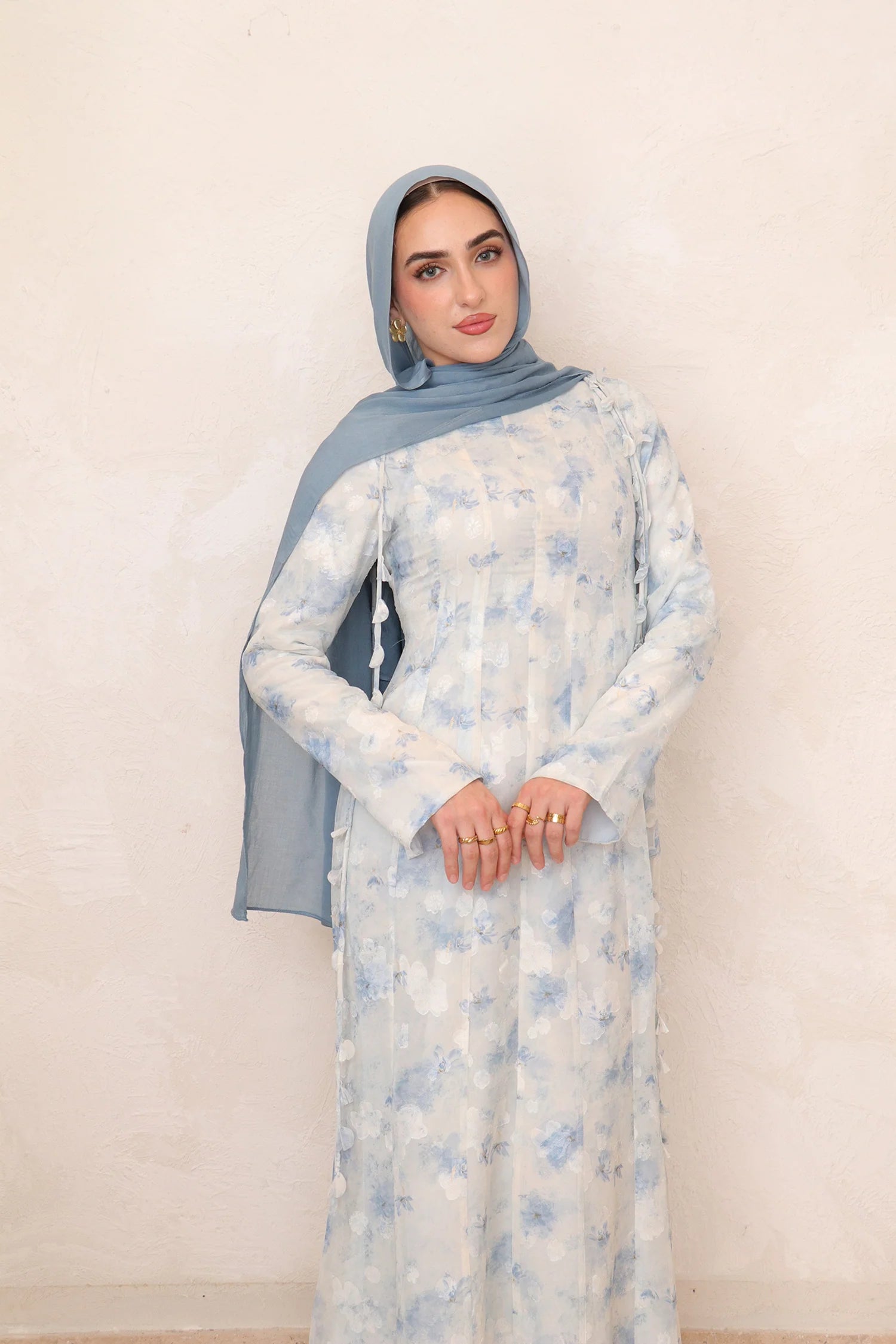 Zahra Checkered-Texture Botanical Maxi-Blue