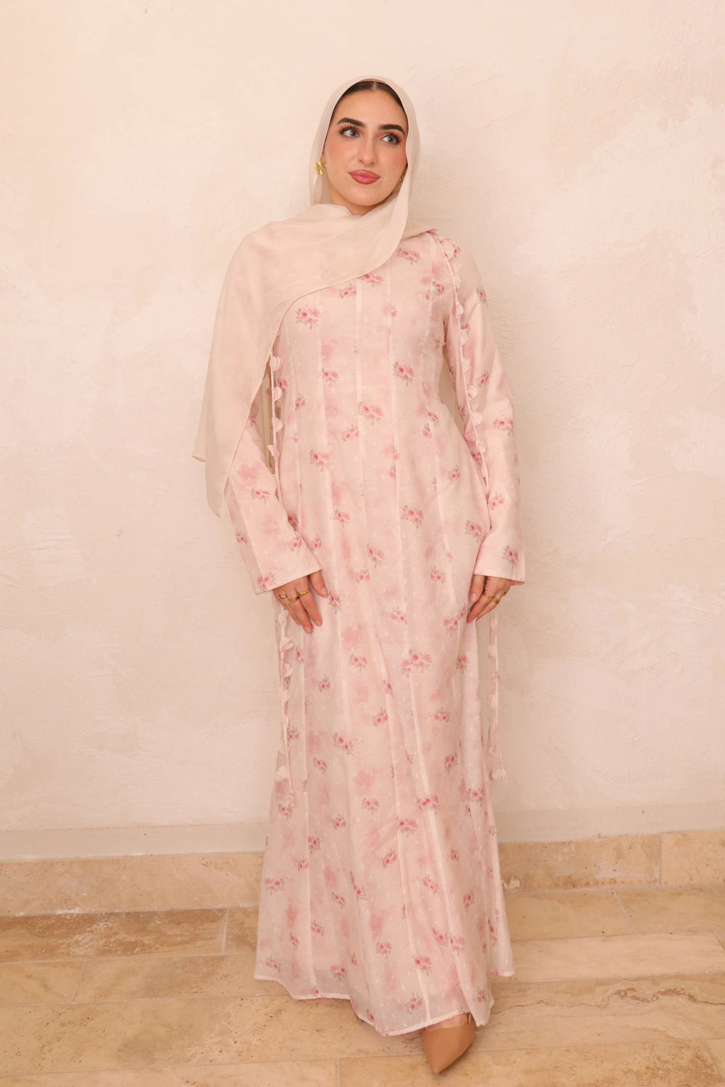 Zahra Checkered-Texture Botanical Maxi-LightPink
