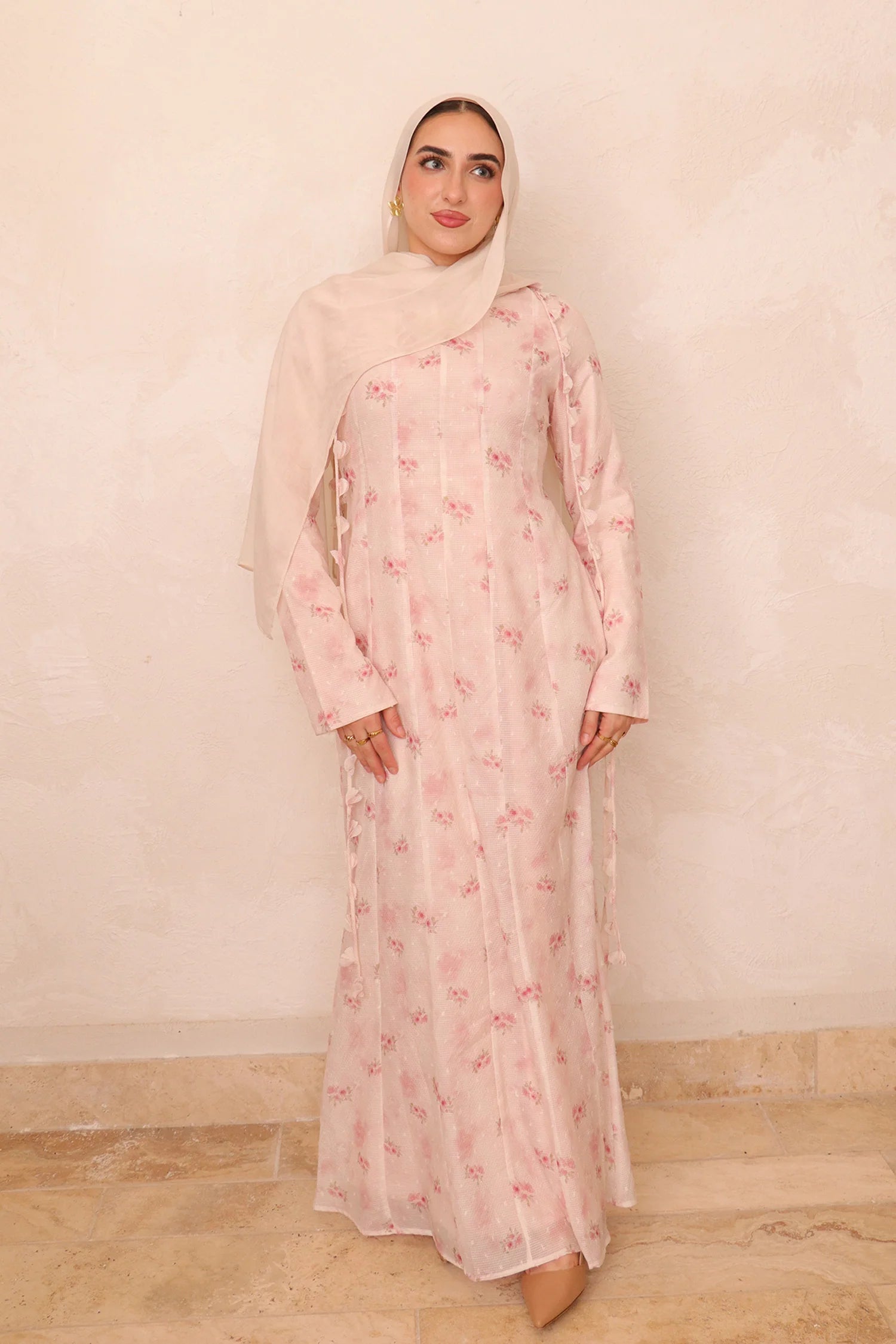 Zahra Checkered-Texture Botanical Maxi-LightPink