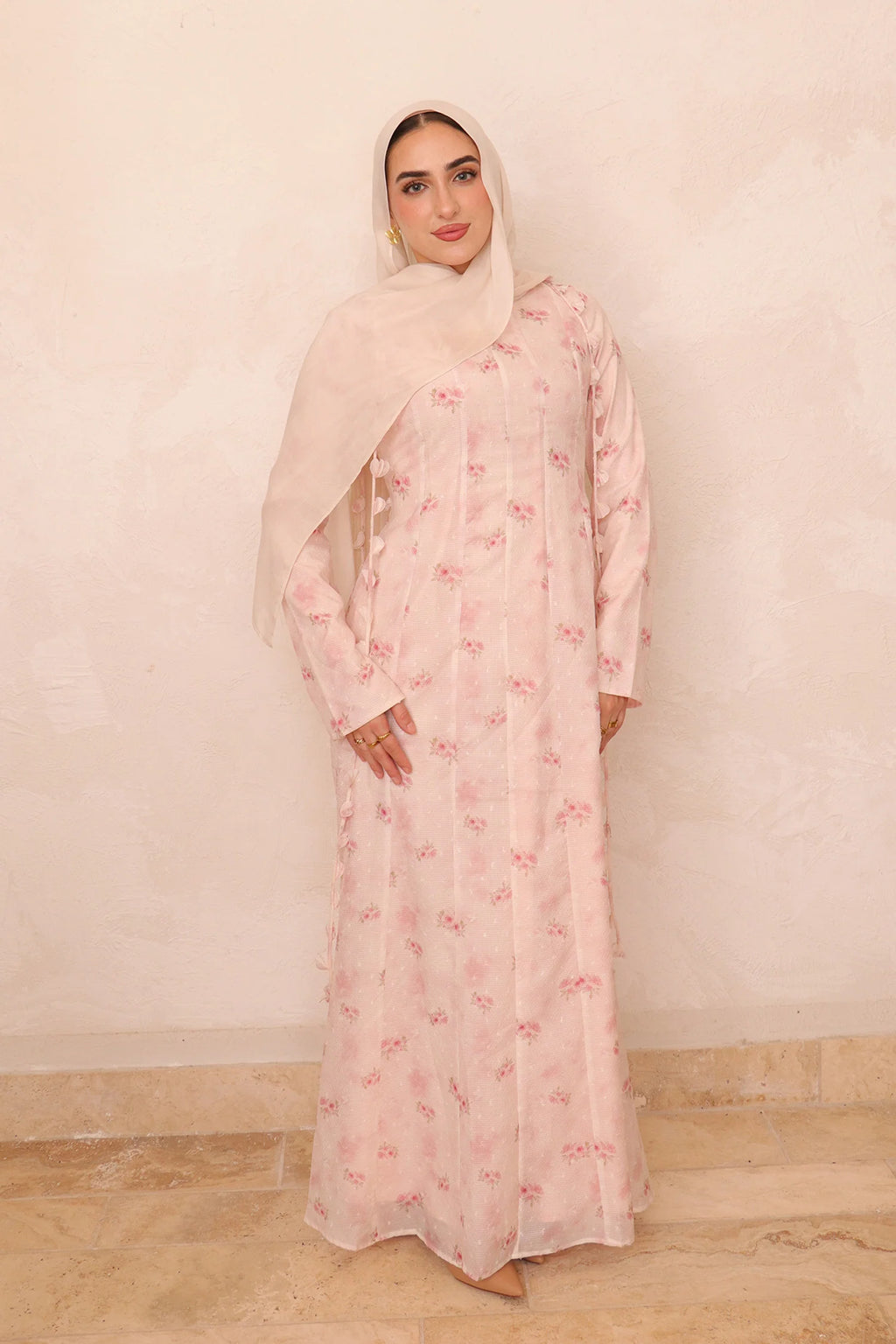 Zahra Checkered-Texture Botanical Maxi-LightPink