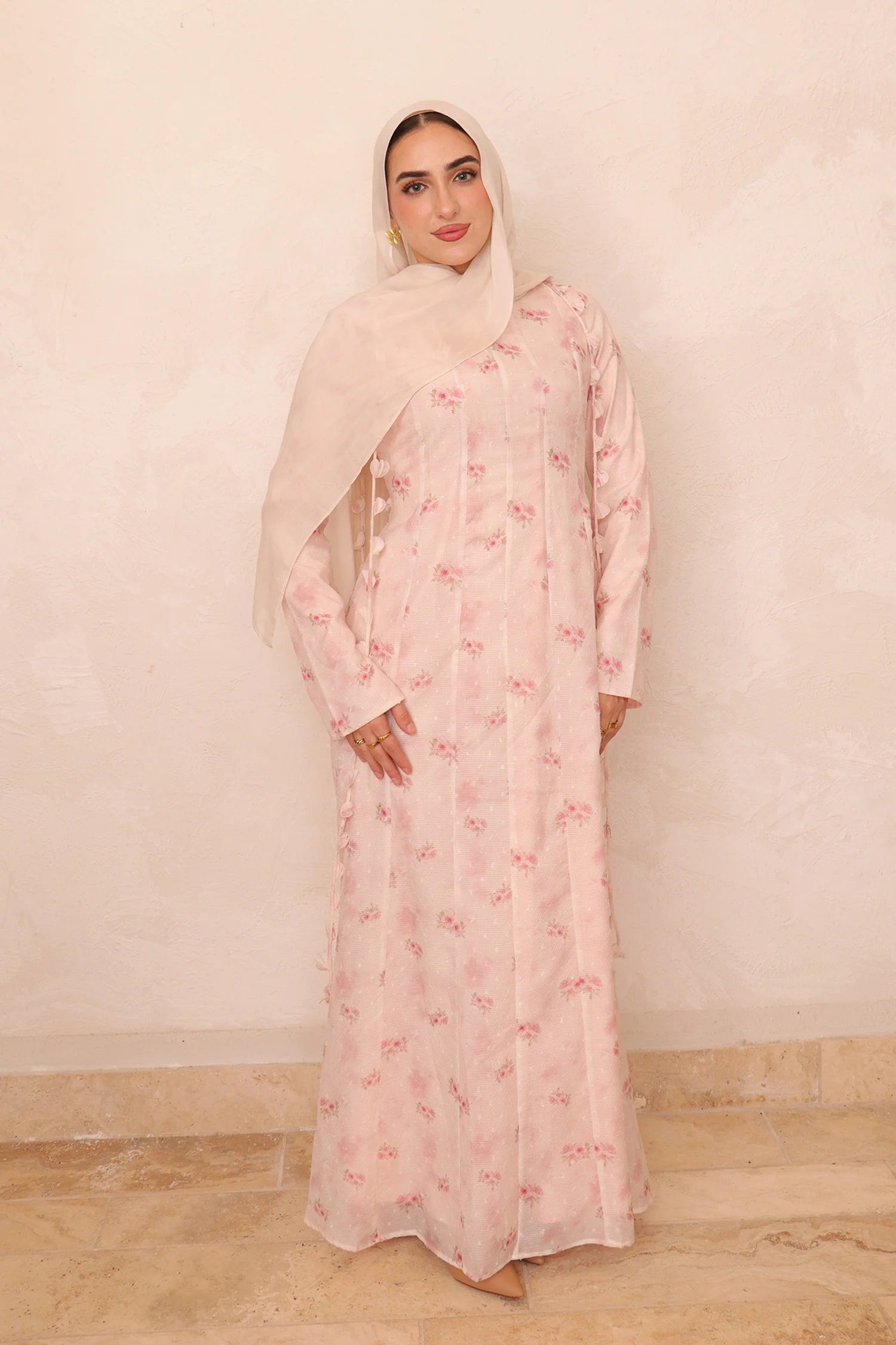 Zahra Checkered-Texture Botanical Maxi-LightPink