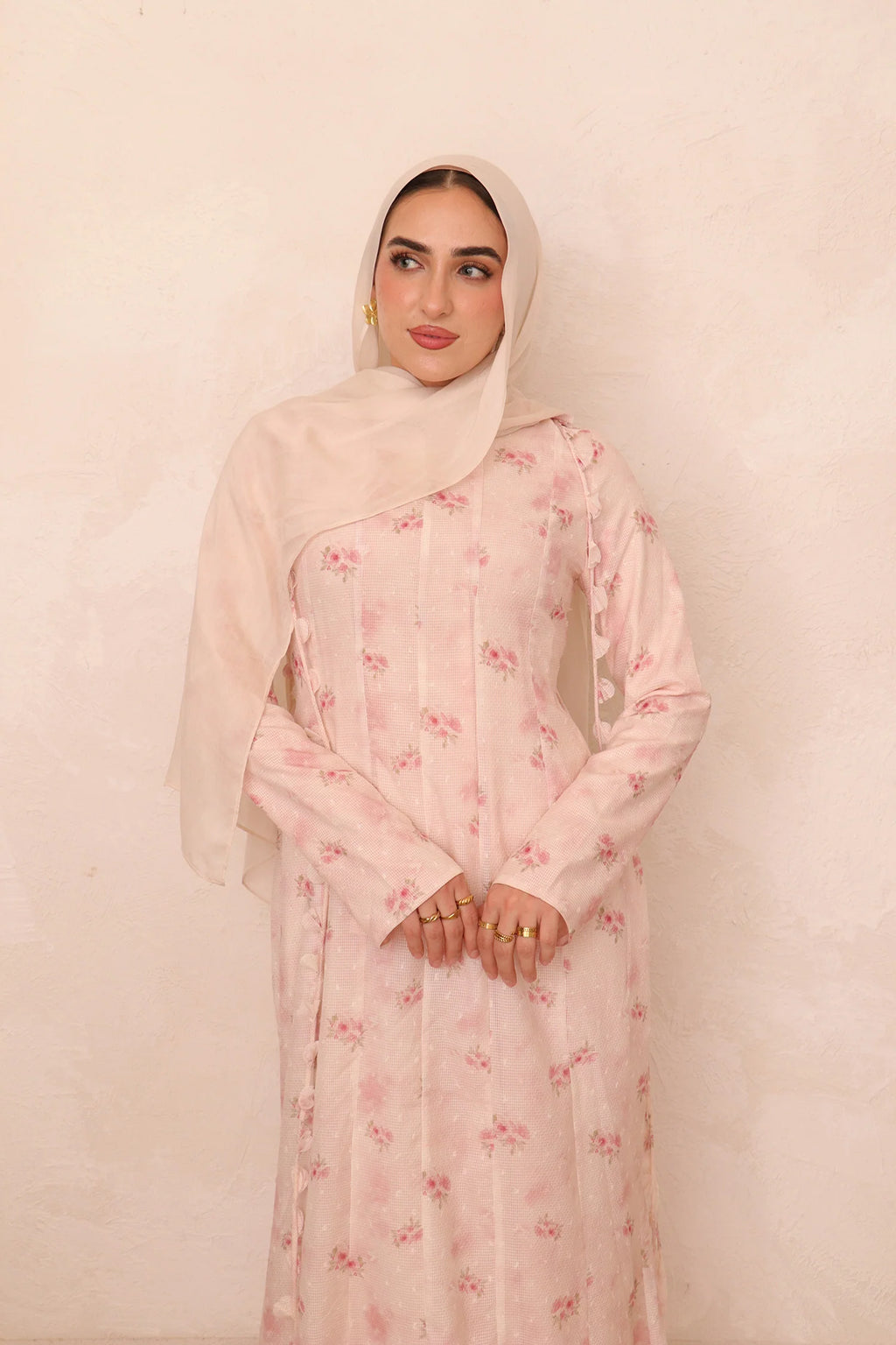 Zahra Checkered-Texture Botanical Maxi-LightPink