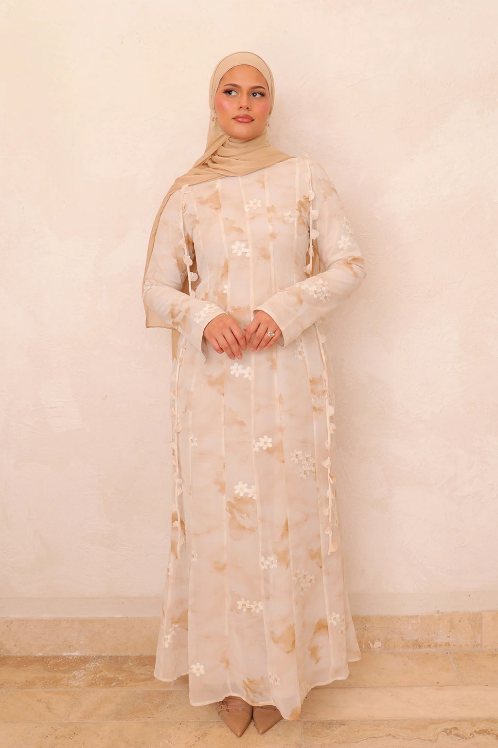 Zahra Checkered-Texture Botanical Maxi-Beige