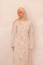 Zahra Checkered-Texture Botanical Maxi-Beige