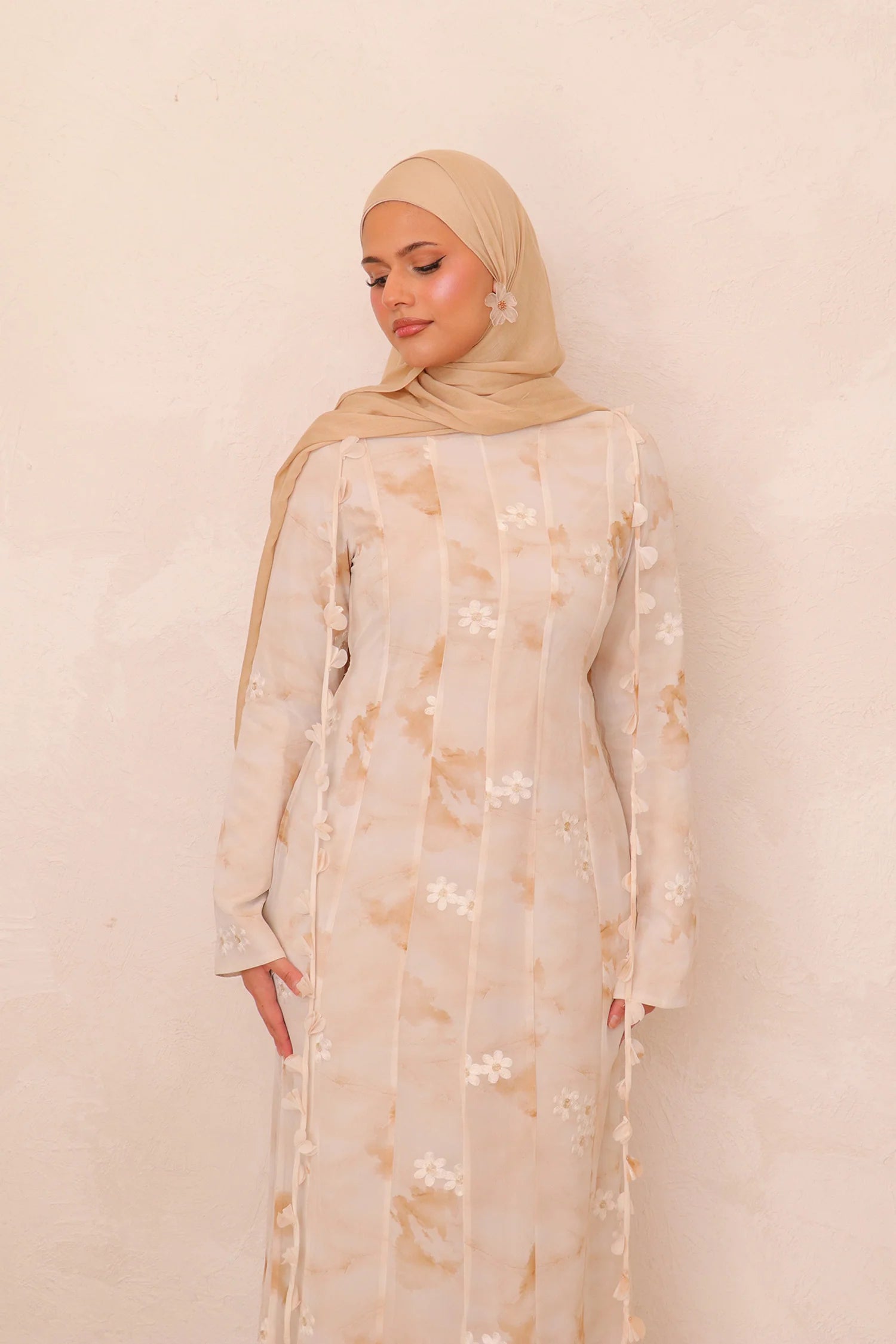 Zahra Checkered-Texture Botanical Maxi-Beige