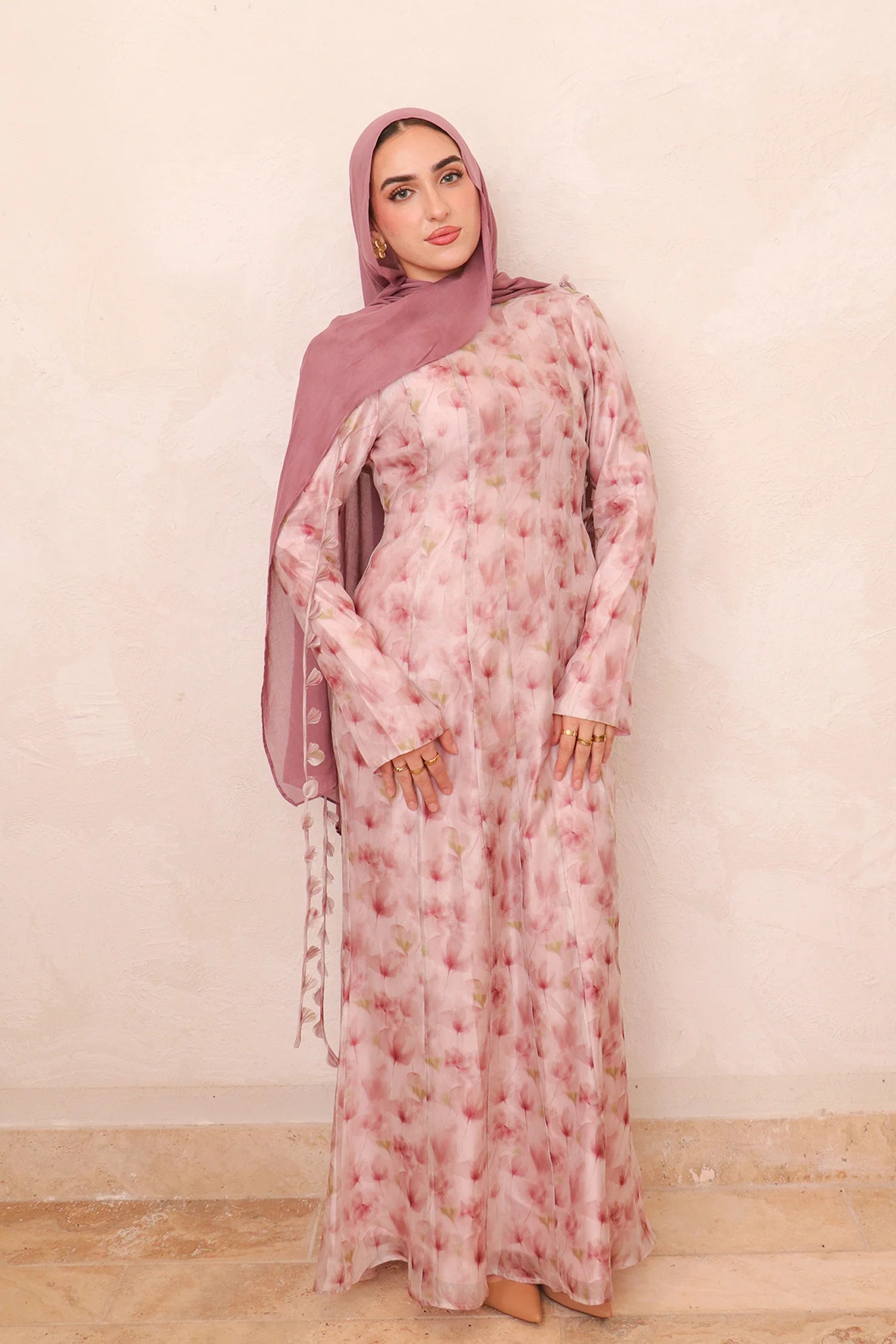 Zahra Checkered-Texture Botanical Maxi-Pink