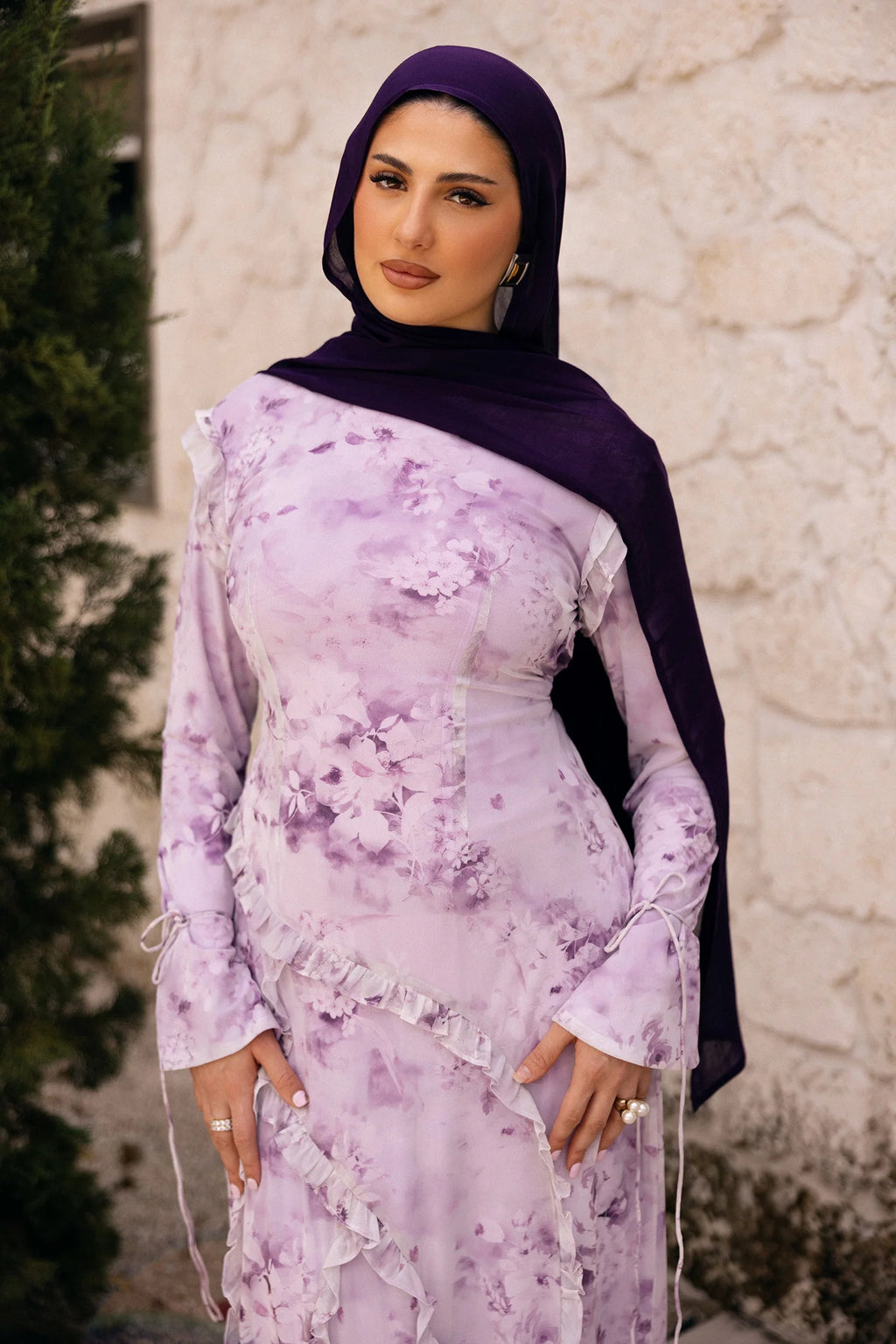 Salma Asymmetric Ruffle-Trim Floral Maxi-Purple