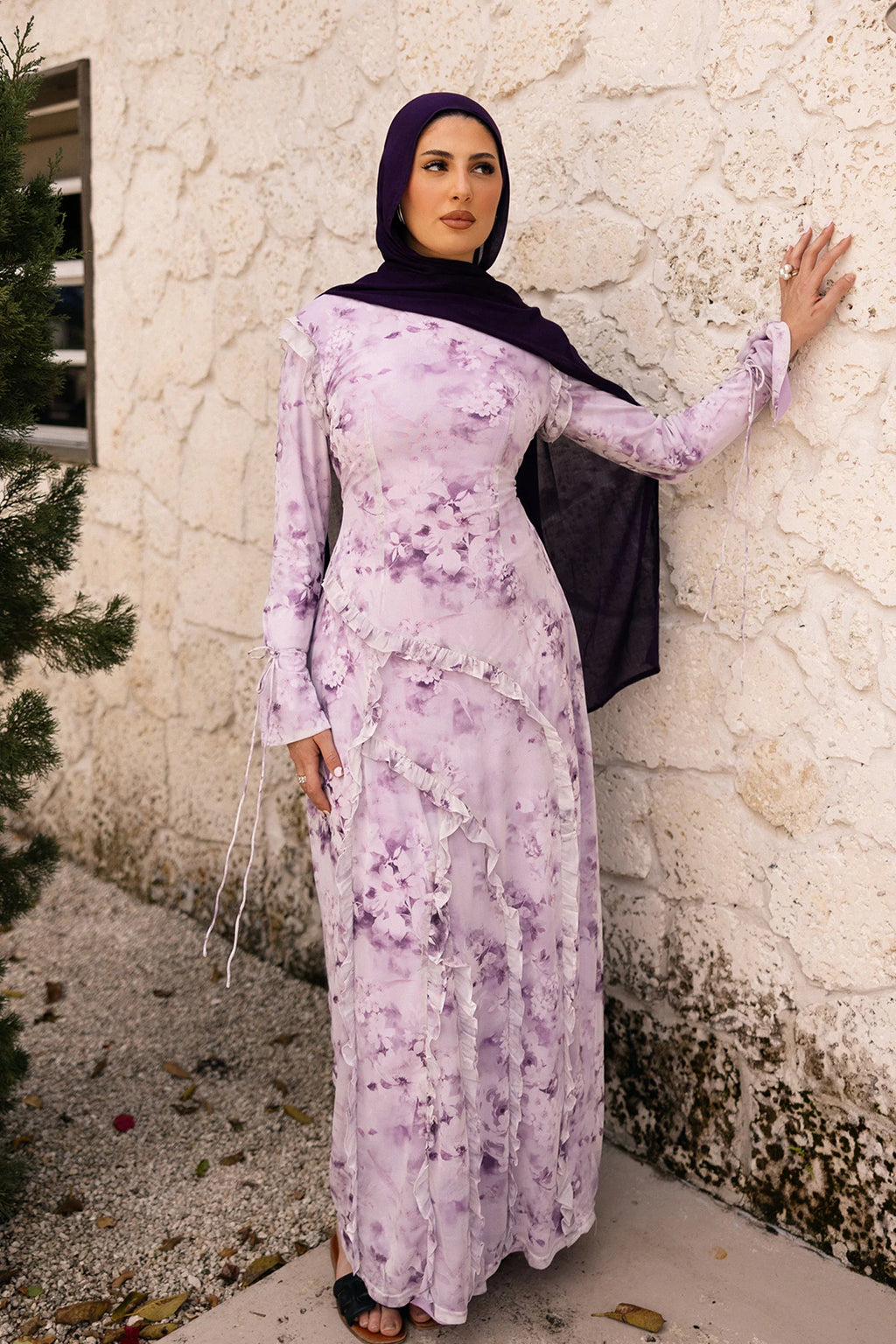 Salma Asymmetric Ruffle-Trim Floral Maxi-Purple