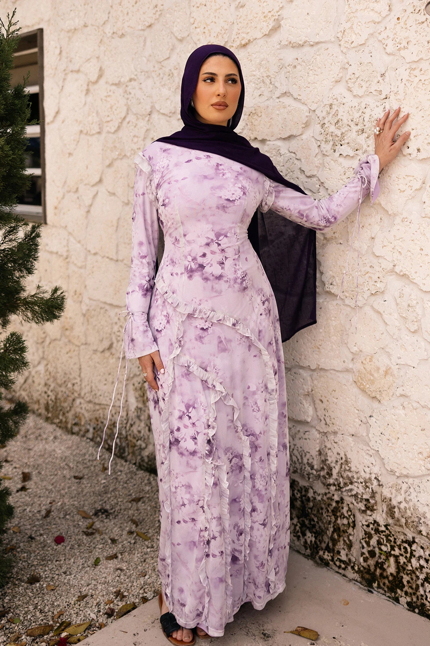 Salma Asymmetric Ruffle-Trim Floral Maxi-Purple