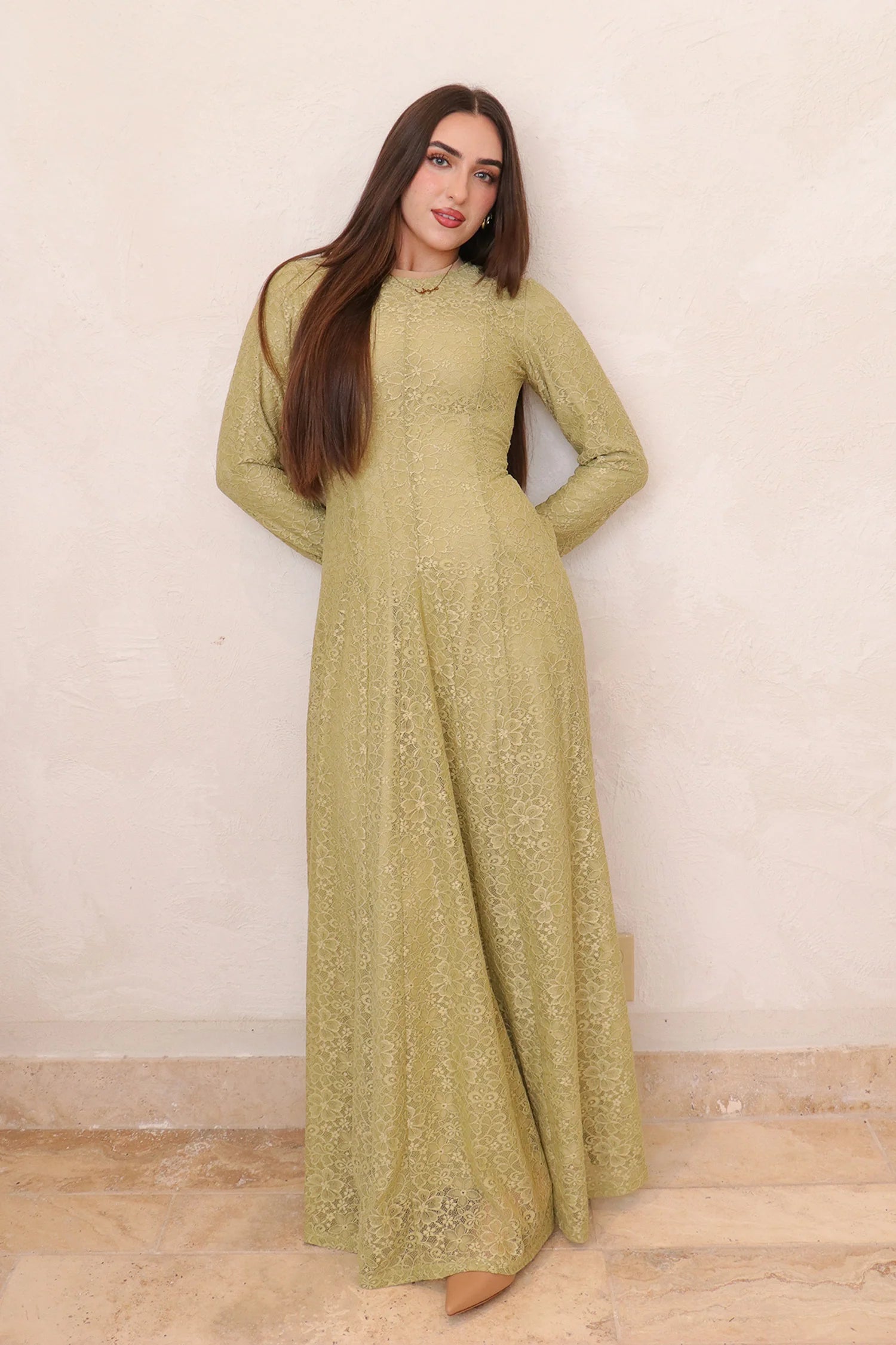 Salima Vertical-Textured Ribbed Gown-Green