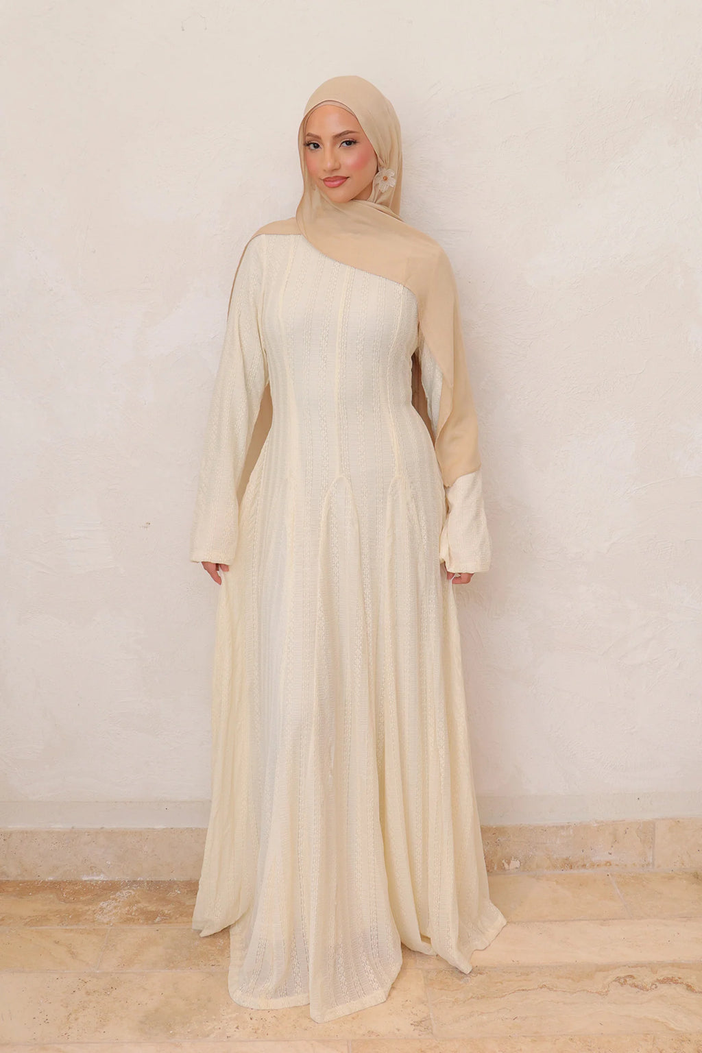 Salima Vertical-Textured Ribbed Gown-Beige