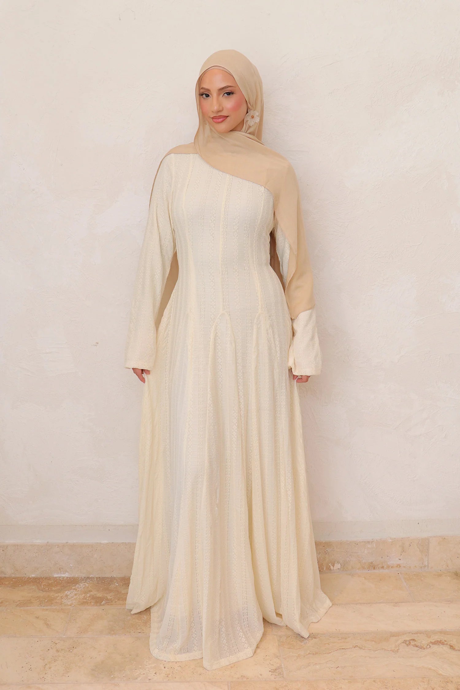 Salima Vertical-Textured Ribbed Gown-Beige