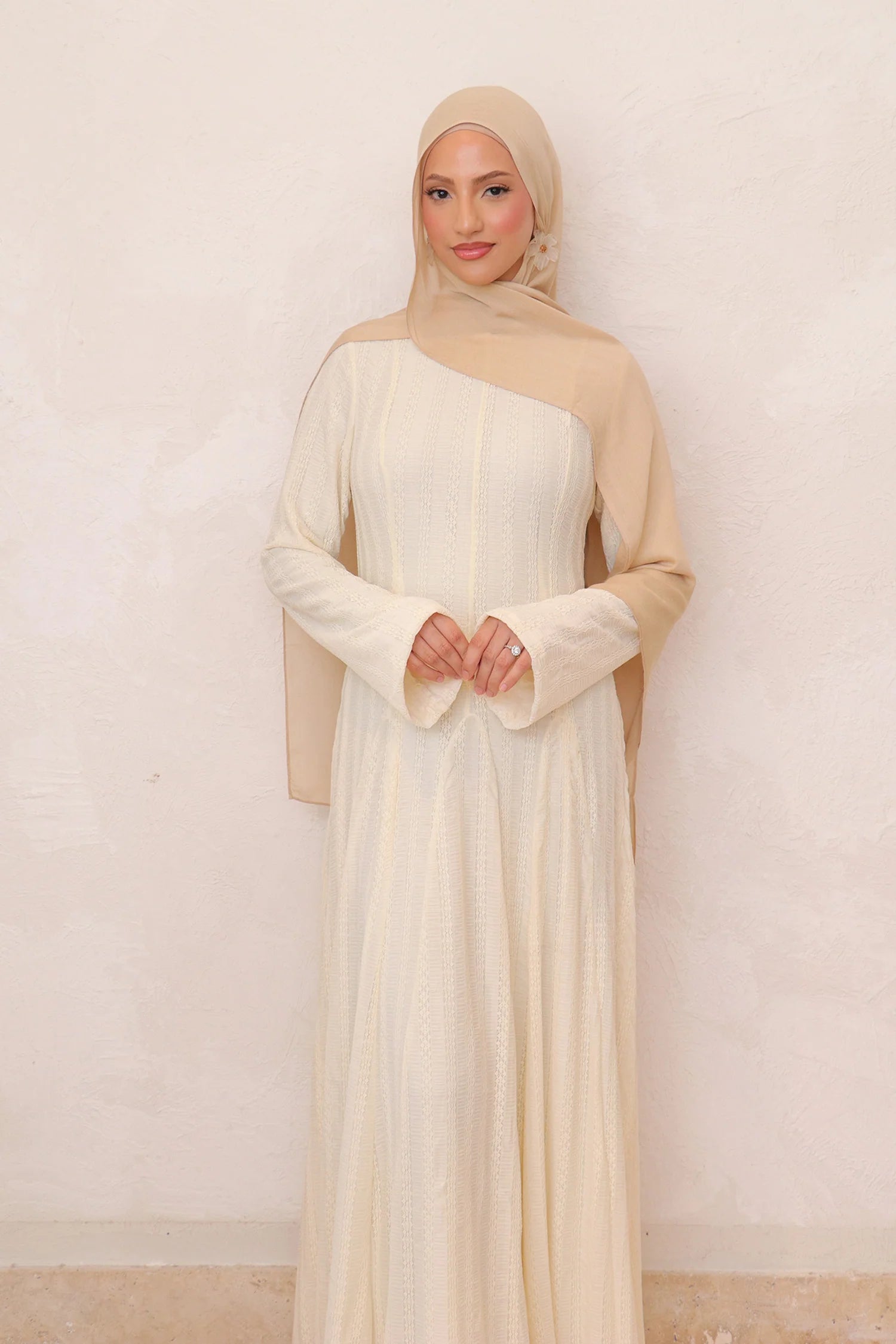 Salima Vertical-Textured Ribbed Gown-Beige