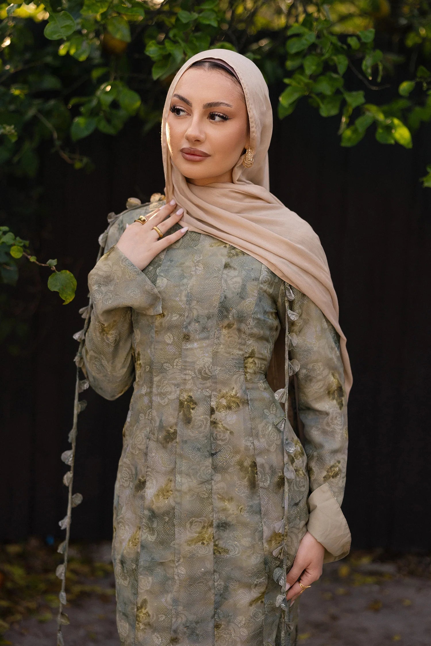Zahra Checkered-Texture Botanical Maxi-Green
